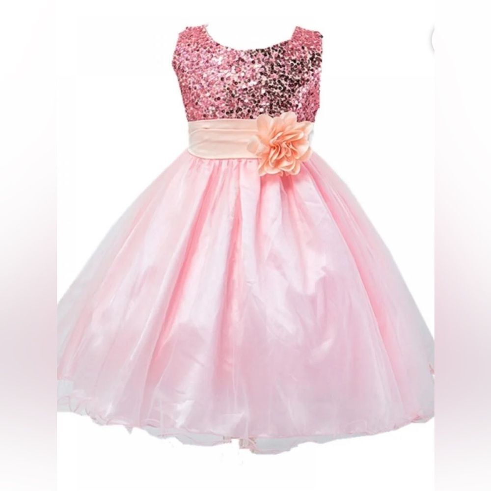 Pink Sequin and Tulle A-Line Party Dress with Flower Accent